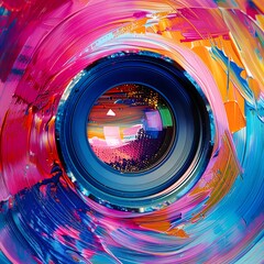 Fototapete - Camera Lens Abstract Art. A close-up photo of a camera lens with abstract colorful paint strokes, creating a visually striking and artistic image.