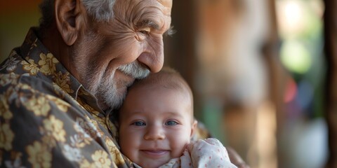 Wall Mural - An old man is holding a baby in his arms. Concept of warmth and love between the two