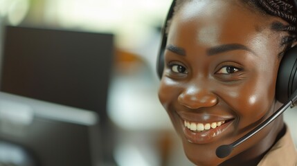 Smiling African customer service agent providing professional assistance in a modern office environment