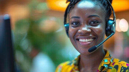 Smiling African customer service agent providing professional assistance in a modern office environment