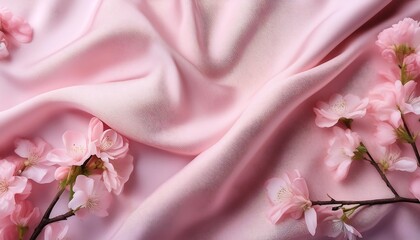 The background is a beautiful pink cloth that is folded and above it are pink flowers, empty space, wallpaper.