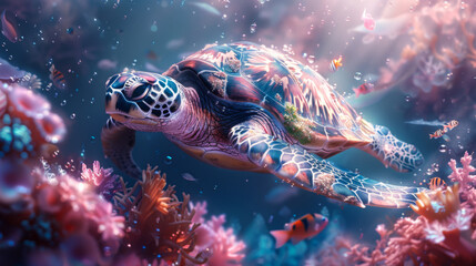 Wall Mural - A colorful sea turtle swimming in the ocean surrounded vibrant coral reefs and playful fish