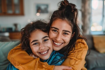 Wall Mural - Happy latin girl hugging her beautiful mother and smiling together at camera, sitting on sofa in living room, adorable family embracing at home, Generative AI