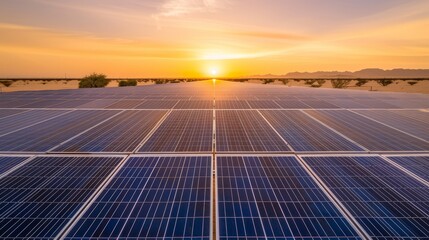 vast solar panel field at sunset, clean energy production, renewable resources, sustainable development, alternative energy source, environmental con