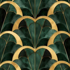 Poster - Art Deco Green and Gold Pattern. Abstract art deco seamless pattern with green and gold colors, geometric shapes and elegant design.