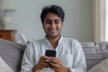 Young smiling hindu man holding mobile phone, typing sms or scrolling social media, sitting on couch in light living room interior, free space, Generative AI