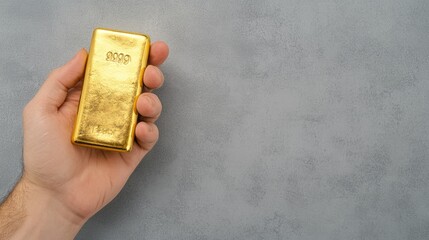 Holding a Precious Investment - Hand Grasping a Bar of Gold on Grey Background, Symbolizing Wealth and Security, Generative Ai, Generative Ai