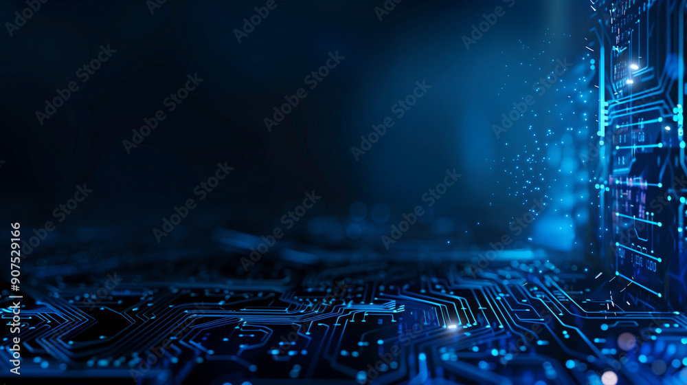 Abstract blue circuit board background with glowing dots and bokeh ...