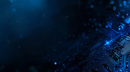 Fototapete - Abstract blue circuit board background with glowing dots and bokeh lights on dark black background, ideal for digital technology concept designs and modern electronic themes, highlighting connectivity