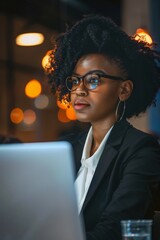 Wall Mural - Dark women use the concept of digital technology in the office, demonstrating their excellent performance and advanced technological insight in the workplace. 