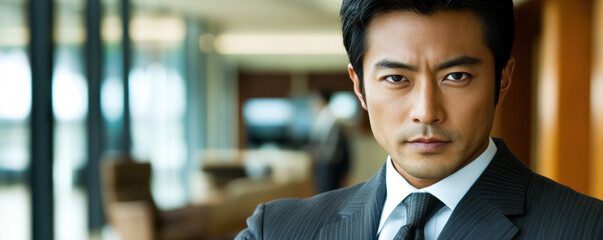 Poster - A man in a suit and tie stands in front of a window. He looks serious and focused