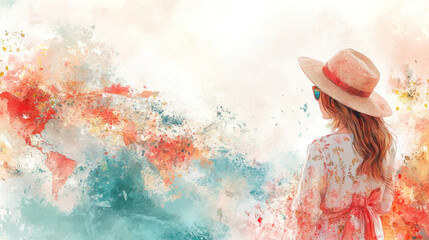 Wall Mural - A woman wearing a straw hat is standing in front of a blue ocean. The sky is filled with splashes of color, giving the scene a vibrant and lively atmosphere