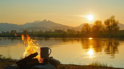 Wall Mural - A campfire with mug of coffee by the water