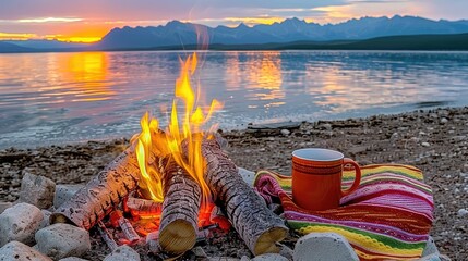 Wall Mural - A campfire with mug of coffee by the water