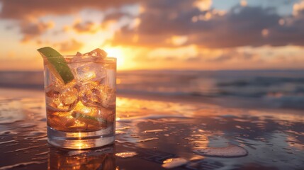 At sunset, a cocktail with ice and lime creates a beautiful scene on a table.