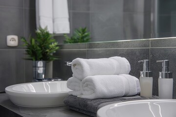 Canvas Print - Grey modern hotel bathroom interior with sink and accessories on counter closeup, Generative AI