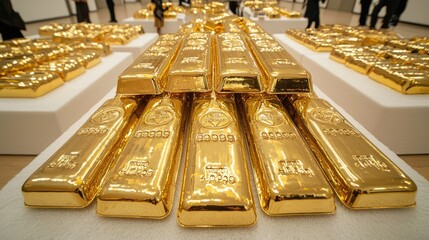 Golden Treasures: Gold Bars as High-Value Art Pieces in a Luxurious Gallery Setting, Generative Ai