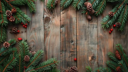 Poster - Wooden background with Christmas tree branches