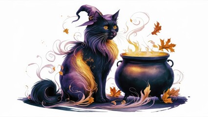 A captivating watercolor illustration of a witch's black cat exuding an enchanting aura. The cat, boasting sleek black fur, is perchedregally next to a large cauldron, emitting a warm golden glow