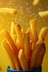 Poster - Four chips hang in the air, each appetizing, against a yellow background