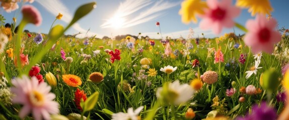 Poster - bright green grass field and flower background