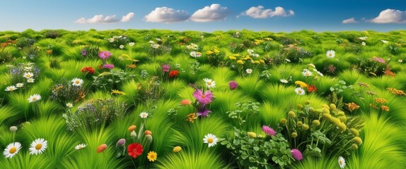 Poster - bright green grass field and flower background