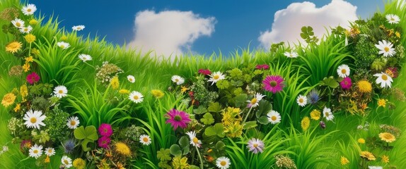 Poster - bright green grass field and flower background