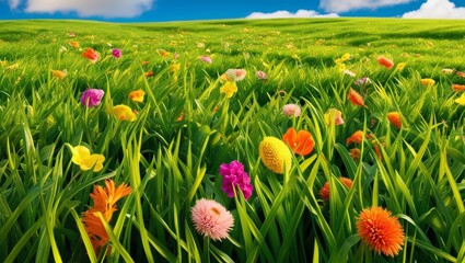 Poster - bright green grass field and flower background
