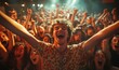 © Anupam - Front row of a concert with a group of excited music fans looking into the camera singing and dancing, Generative AI