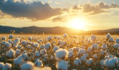 Scenic view of a cotton field with sun light, Generative AI