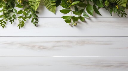 Wall Mural - White wooden table top with spring green leafs