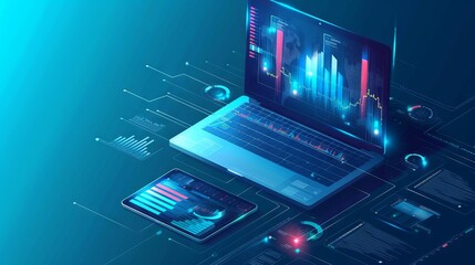 Growth strategy and financial goal analysis with 3d laptop displaying business charts and graphs on blue banner for financial management, audit, business development, and digital marketing concepts