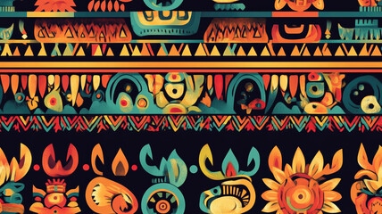 Abstract background featuring elements of Aztec patterns, with intricate geometric designs and vibrant colors, creating a rich, cultural tapestry that blends traditional motifs with a modern.