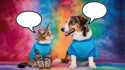 Poster - A cat and dog wearing shirts with speech bubbles above them, AI