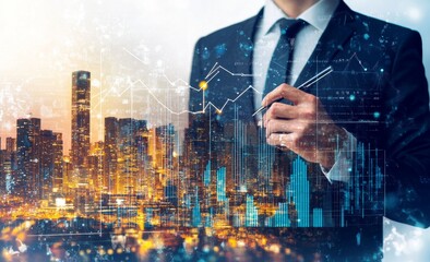 Aufkleber - Businessman drawing a financial graph and chart on a digital screen, depicting a concept of business data analysis