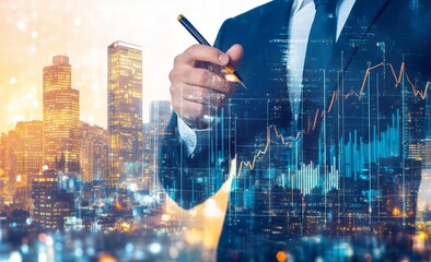 Aufkleber - Businessman drawing a financial graph and chart on a digital screen, depicting a concept of business data analysis