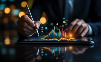 Aufkleber - Businessman drawing a growth graph and financial chart on a transparent screen with a stock market background