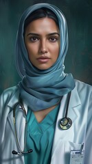 A professional Muslim female doctor in a hijab, symbolizing dedication to healthcare and diversity in the medical profession.