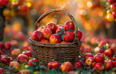 Sticker - A basket full of apples is sitting on the ground in a field. The apples are ripe and ready to be picked. The basket is woven and has a rustic look to it.