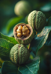 Canvas Print - Three walnuts are sitting on a leaf. The walnuts are green and have a brown center