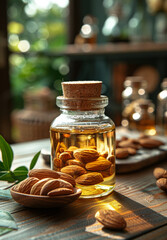 Wall Mural - A jar of almonds sits on a wooden table next to a bowl of almonds. Concept of abundance and indulgence, as the jar