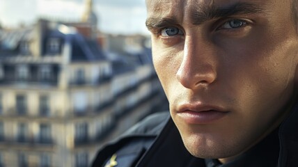 Close-up portrait of a young French male police officer with a serious expression, wearing a uniform and cap, standing in an urban setting.