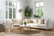 © James - Modern villa living room design interior, beige furniture, bright walls, hardwood flooring, sofa, armchair with lamp. Concept of relax. 3d rendering, Generative AI
