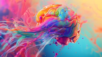 Poster - colorful abstract painting of a brain with vibrant splashes and swirls.