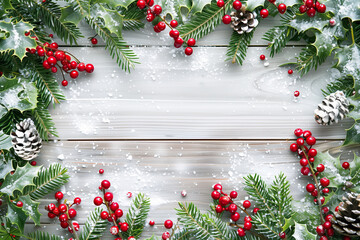 Wall Mural - christmas and new years background with fir branches, holly, berries and snowfall on wooden white bo