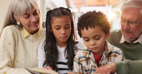 Wall Mural - Grandparents, relax and reading book on sofa with children for family bonding, engagement and storytelling for language development. Happy, kids and together in home for literacy and cognitive growth