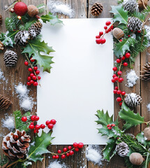 Wall Mural - christmas and new years background with fir branches, holly, berries snowfall in frame and an empty 