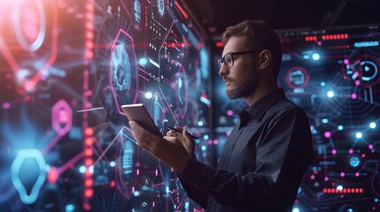 Futuristic businessman using advanced digital tablet to visualize and plan innovative project in a modern high-tech environment