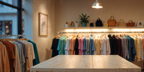 Wall Mural - Empty white wooden table in front of clothing store background. pastel tones