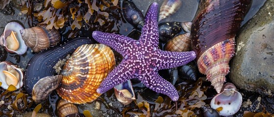 Wall Mural - A vibrant purple starfish stands out on a beach surrounded by multicolored shells, seaweed, and sea sediments, creating a serene coastal scene at low tide.